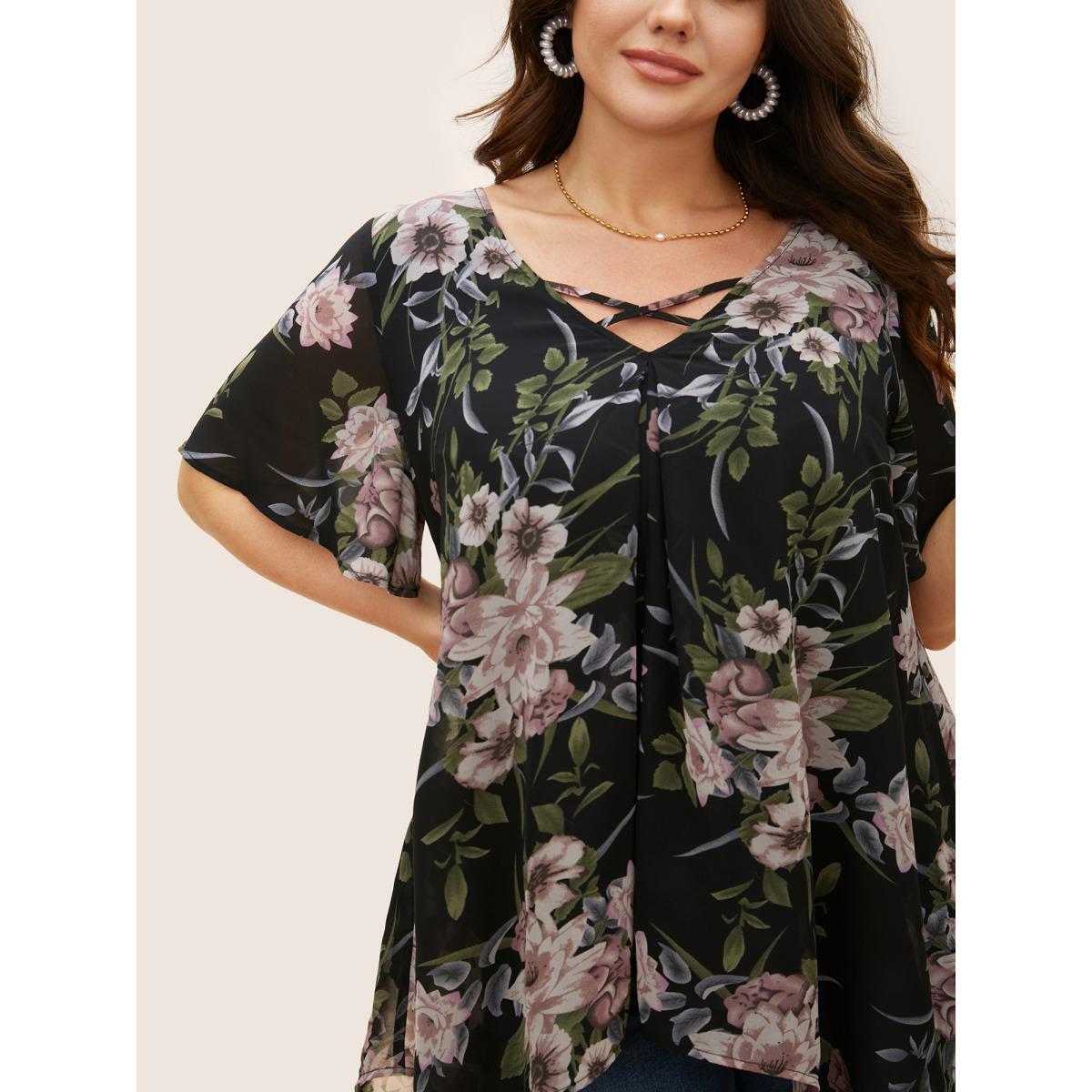 Plus Size Black Chiffon Floral Crisscross Hanky Hem Blouse Women Elegant Short sleeve V-neck Everyday Blouses BloomChic 12/L Product Image