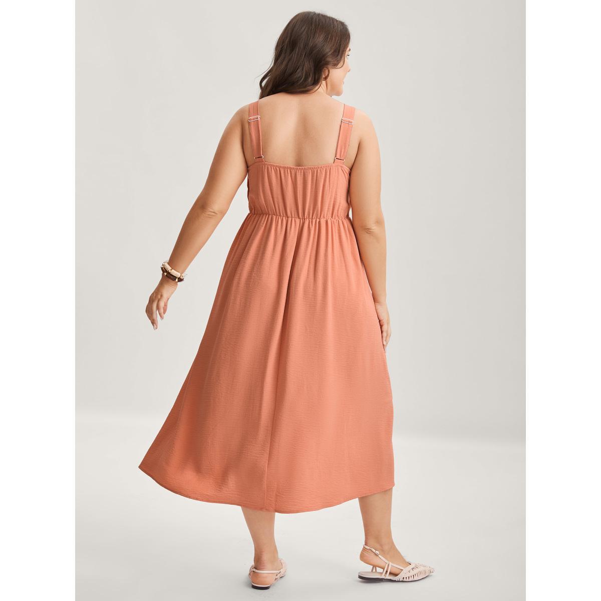 Plus Size Adjustable Straps Pleated Pockets Midi Dress Coral Women Non Sleeveless Curvy BloomChic 10/M Product Image