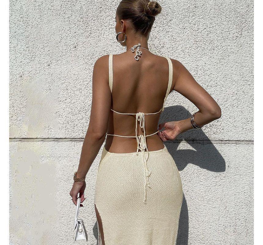 Sleeveless V-Neck Crochet Knit Slit Midi Dress Product Image