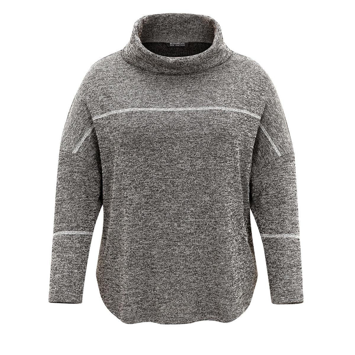 Plus Size Heather Patchwork Striped Funnel Neck Sweatshirt Women Black Casual Texture Turtleneck Dailywear Sweatshirts BloomChic 10/M Product Image