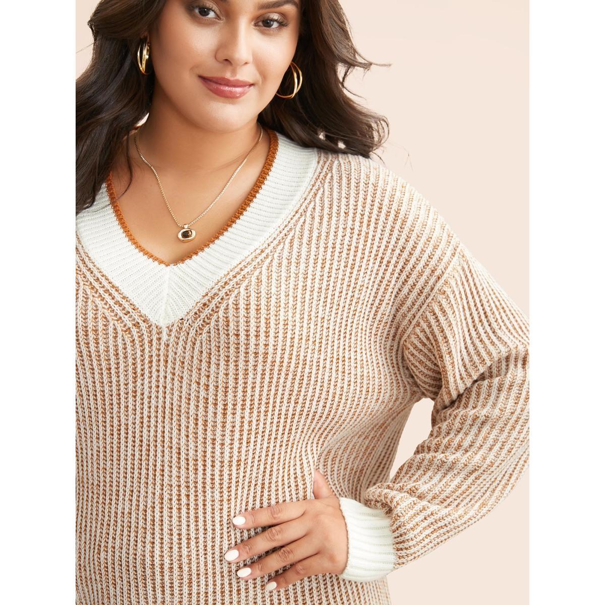 Plus Size Contrast Texture Drop Shoulder Sleeve Pullover Turmeric Women Casual Loose Long Sleeve V-neck Everyday Pullovers BloomChic 14-16/1X Product Image
