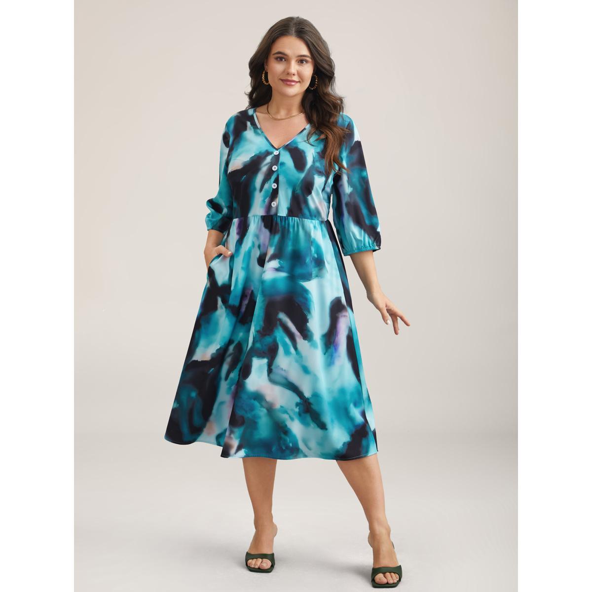 Plus Size Tie-Dye Placket V-Neck Midi Dress Arctic Women Elegant Button V-neck Elbow-length sleeve Curvy BloomChic 30/6X Product Image