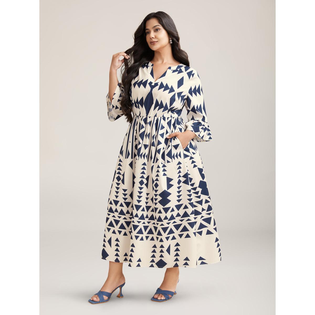 Plus Size Geometric Print Stretchy Waist Pockets Maxi Dress Beige Women Resort Ruffles Flat collar with V-notch Elbow-length sleeve Curvy BloomChic 26/4X Product Image