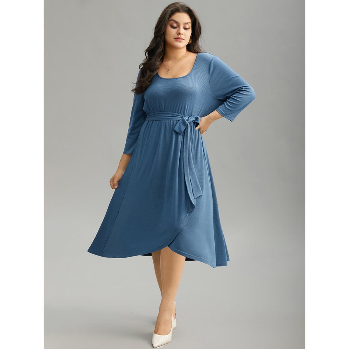 Plus Size Plain Square Neck Arc Hem Belted Wrap Dress Stone Women Office Wrap Square Neck Elbow-length sleeve Curvy Midi Dress BloomChic 14-16/1X Product Image