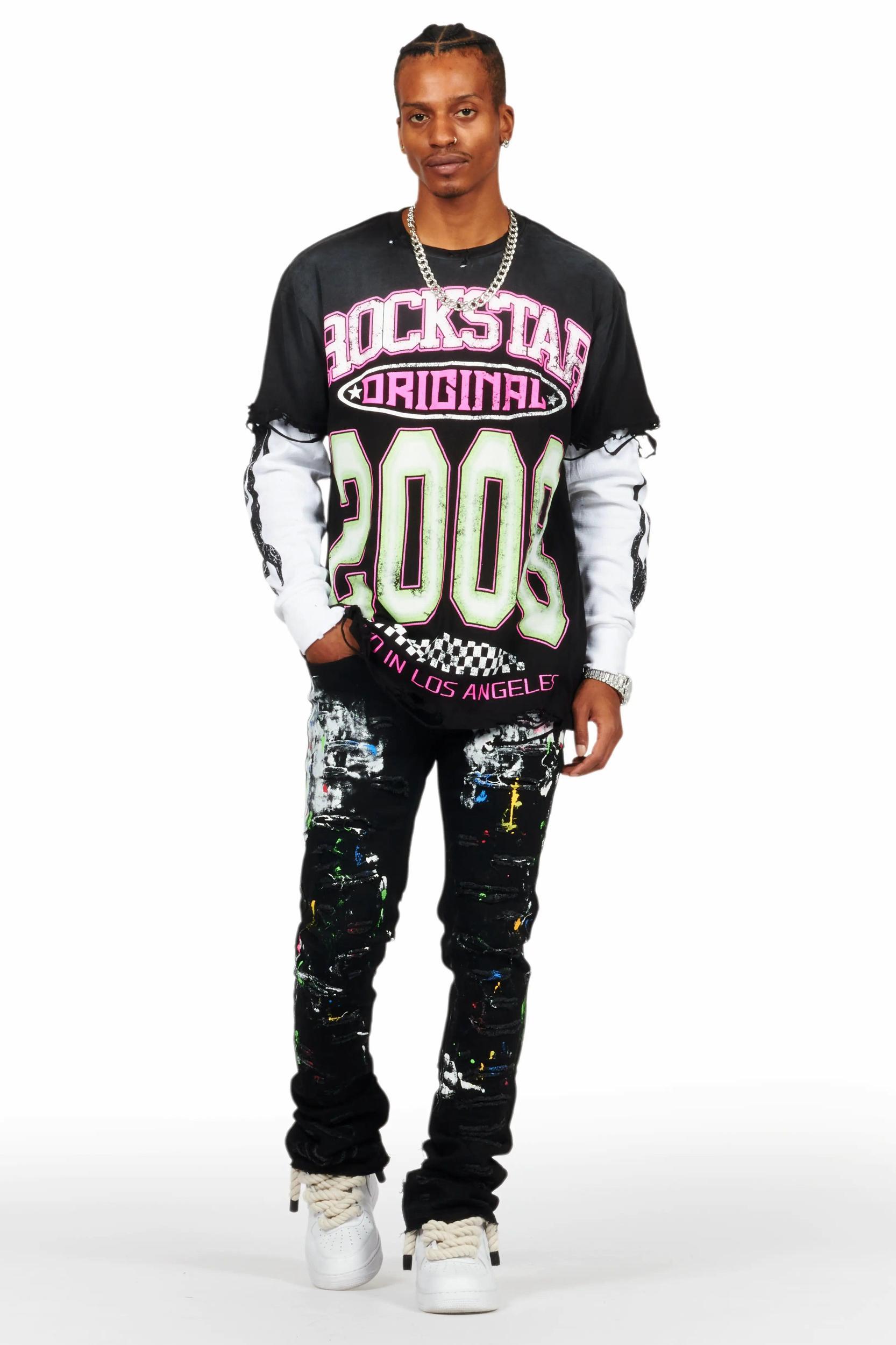 Jaren Black Double Layer Long Sleeve Graphic T-Shirt Male Product Image