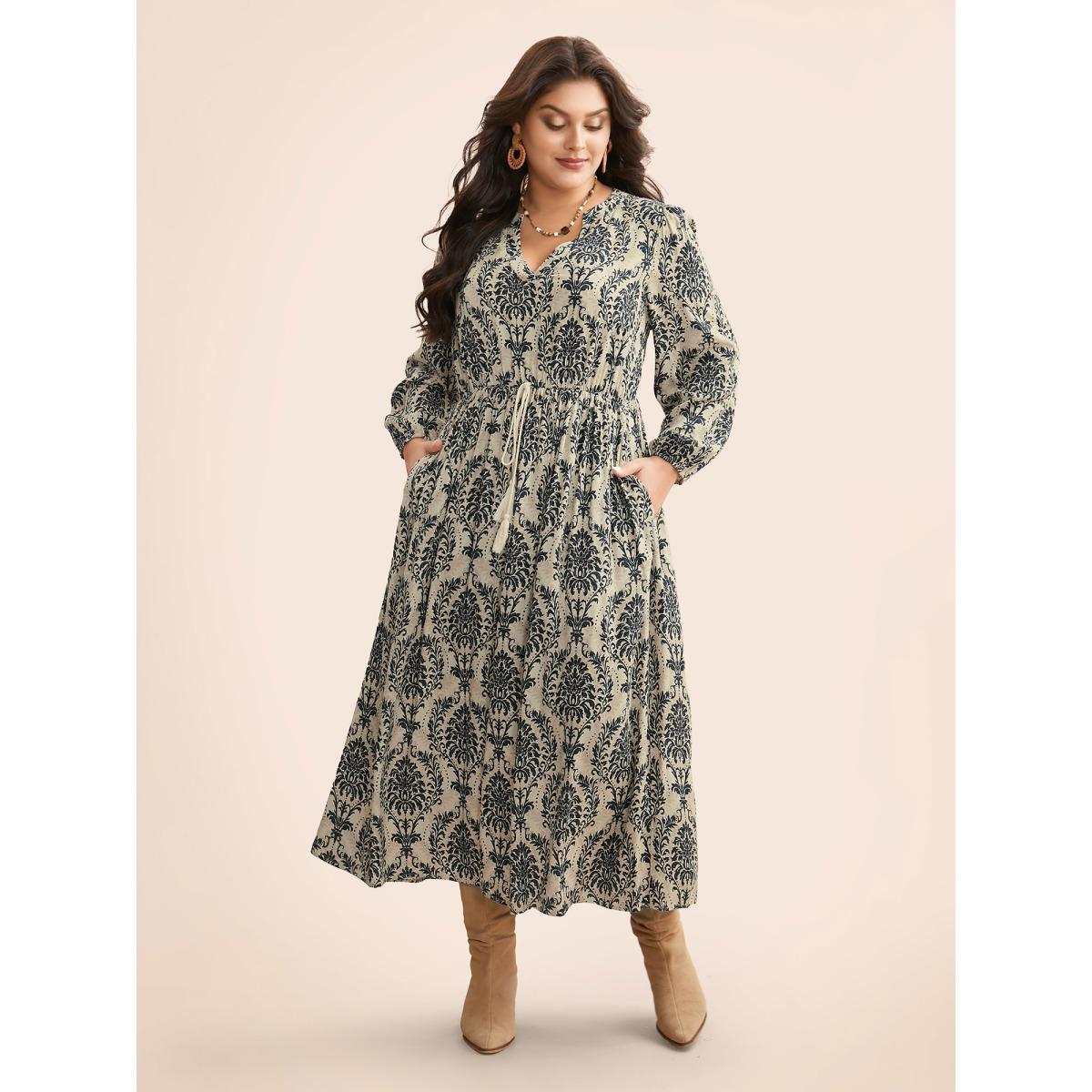 Plus Size Boho Print Notched Tie Knot Maxi Dress BlackFlower Women Resort Tie knot Flat collar with V-notch Long Sleeve Curvy BloomChic 10/M Product Image