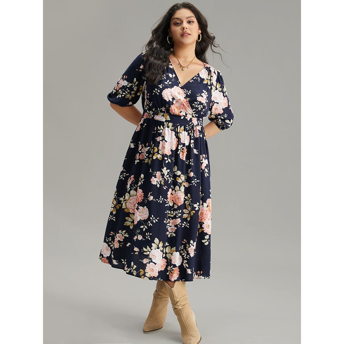 Plus Size Floral Print Pleated Ties Wrap Lantern Sleeve Dress DarkBlue Women Vacation Elastic cuffs Overlap Collar Half Sleeve Curvy Midi Dress BloomChic 26/4X Product Image