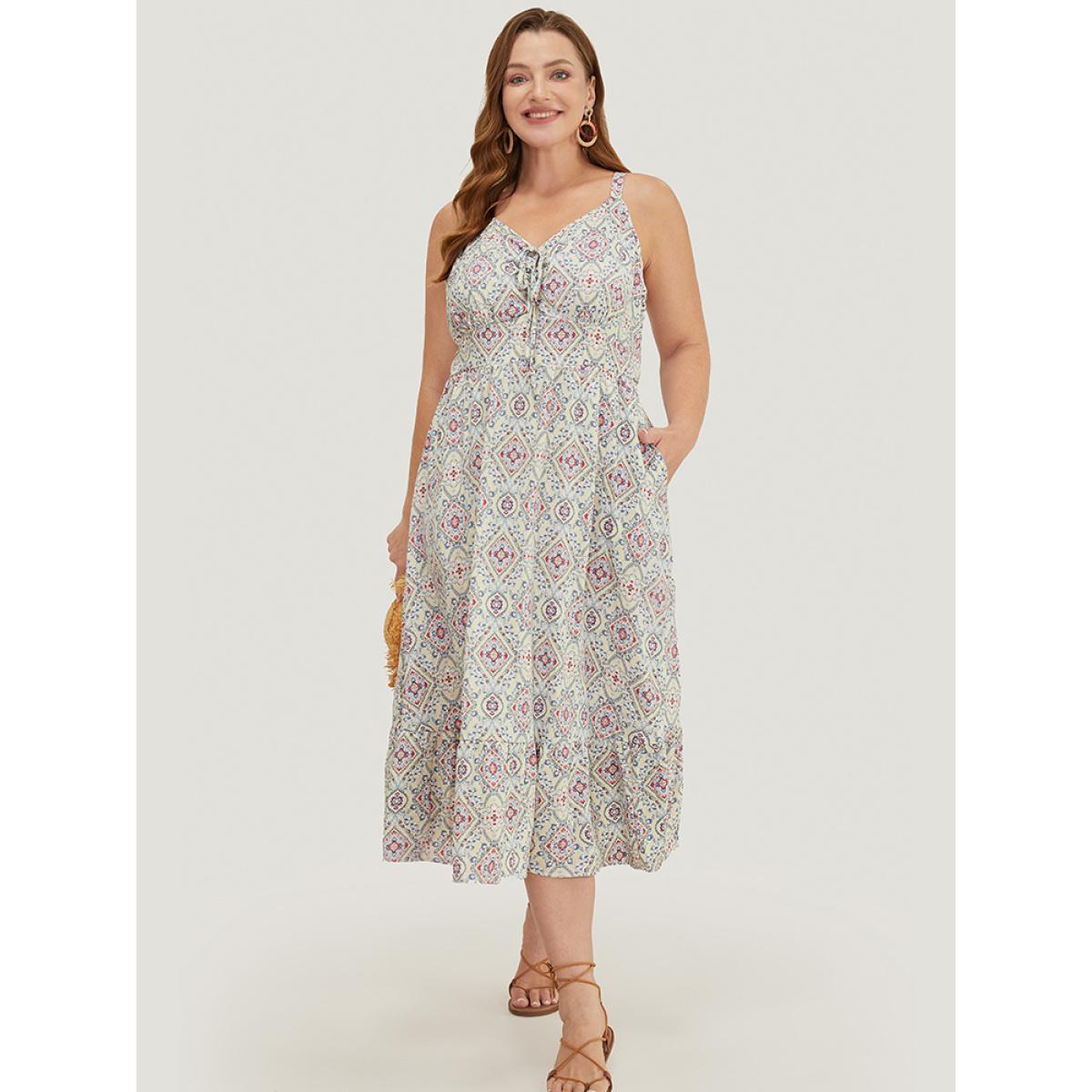 Plus Size Bandana Knotted Pocket Ruffle Hem Empire Waist Cami Dress Apricot Women Vacation Adjustable Straps V-neck Sleeveless Curvy Midi Dress BloomChic 28/5X Product Image