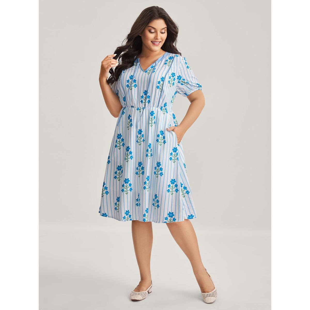 Plus Size Stripe Floral Notched Neck Tie Midi Dress Skyblue Women Notched collar Short sleeve Curvy BloomChic 12/L Product Image