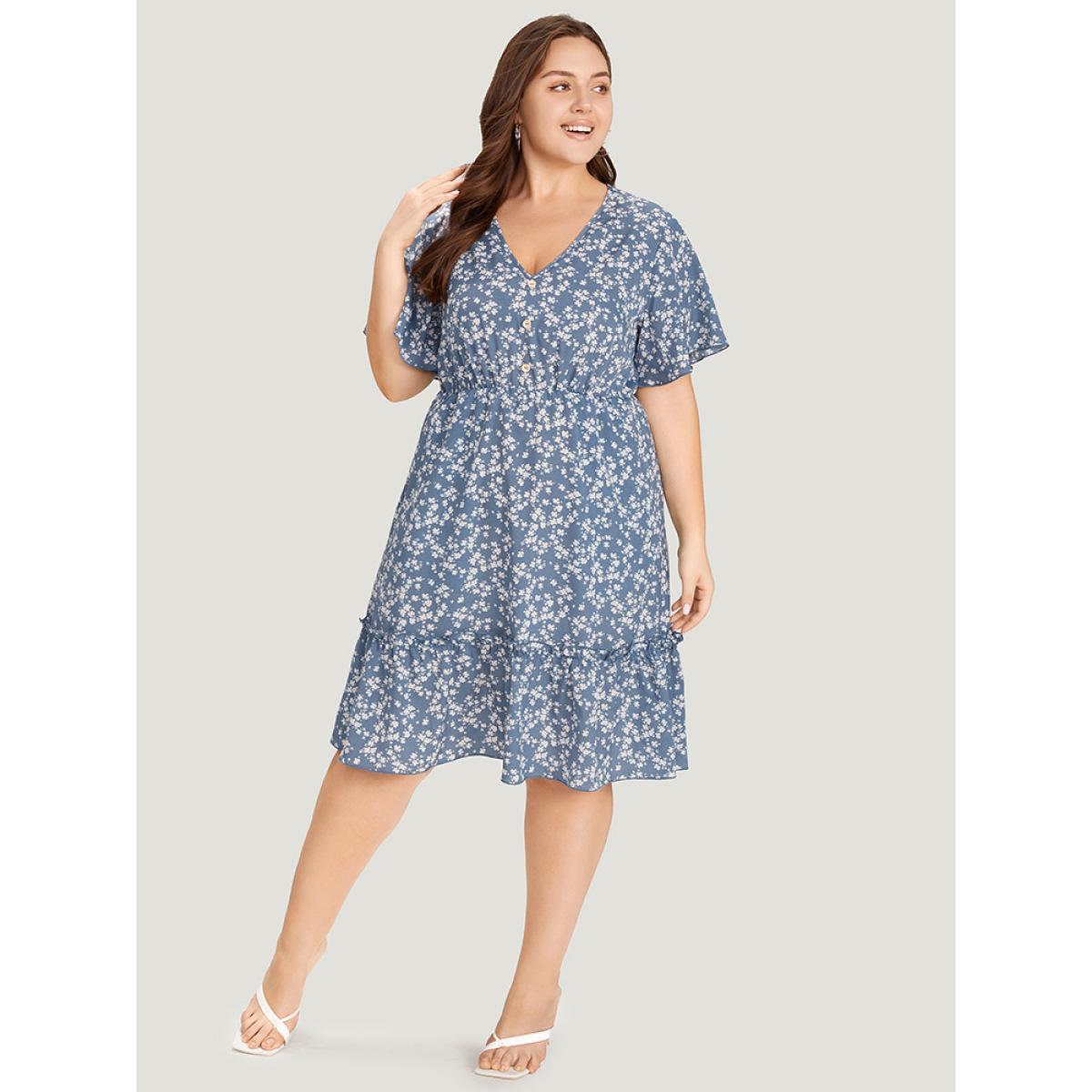 Plus Size Ditsy Floral Elastic Waist Button Detail Pocket Ruffles Dress LightBlue Women Elegant V-neck Short sleeve Curvy Midi Dress BloomChic 14-16/1X Product Image