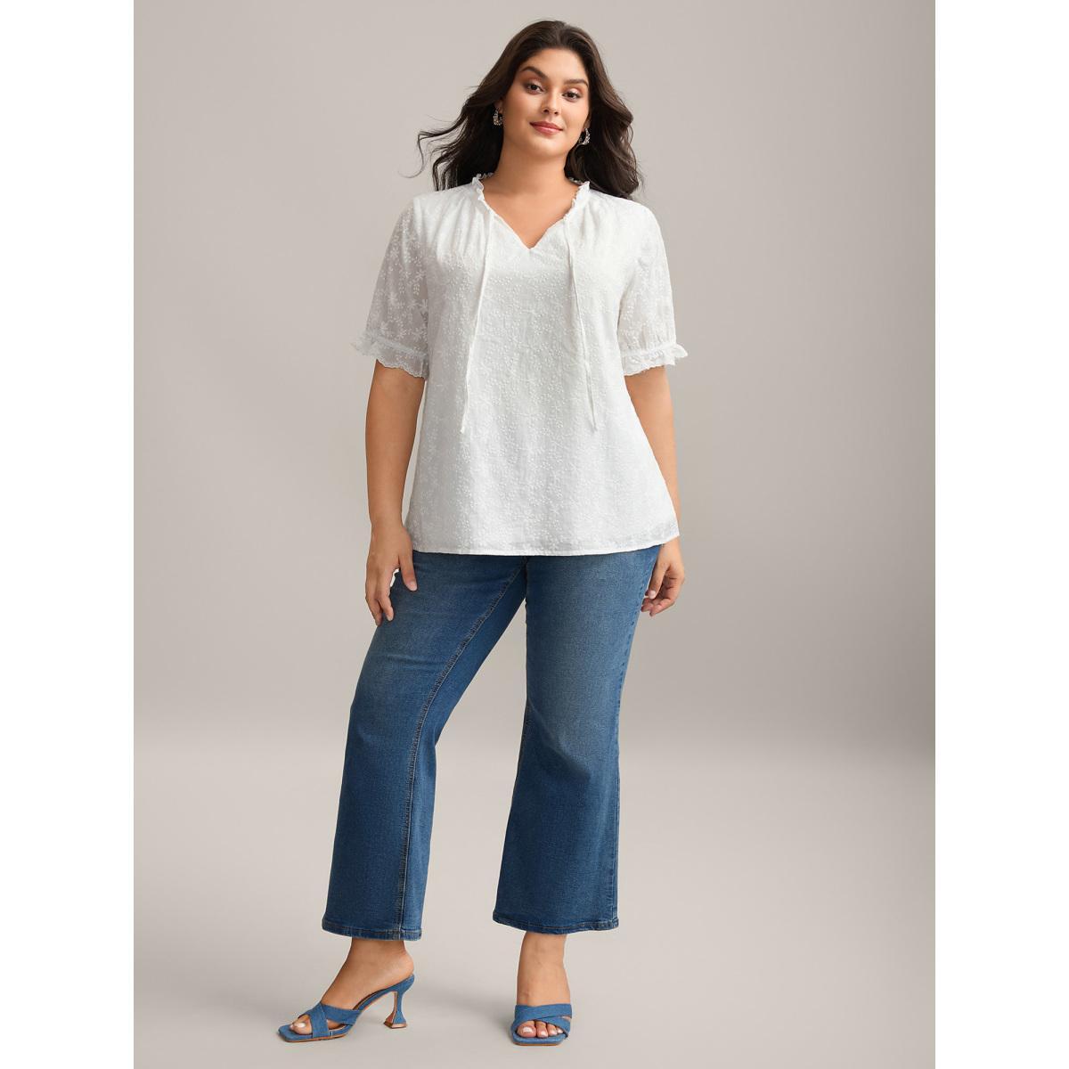 Plus Size WhiteSmoke Cotton Embroidery Notched Neck Tie Shirt Women Half Sleeve Flat collar with V-notch Everyday-Elegant Blouses BloomChic 30/6X Product Image