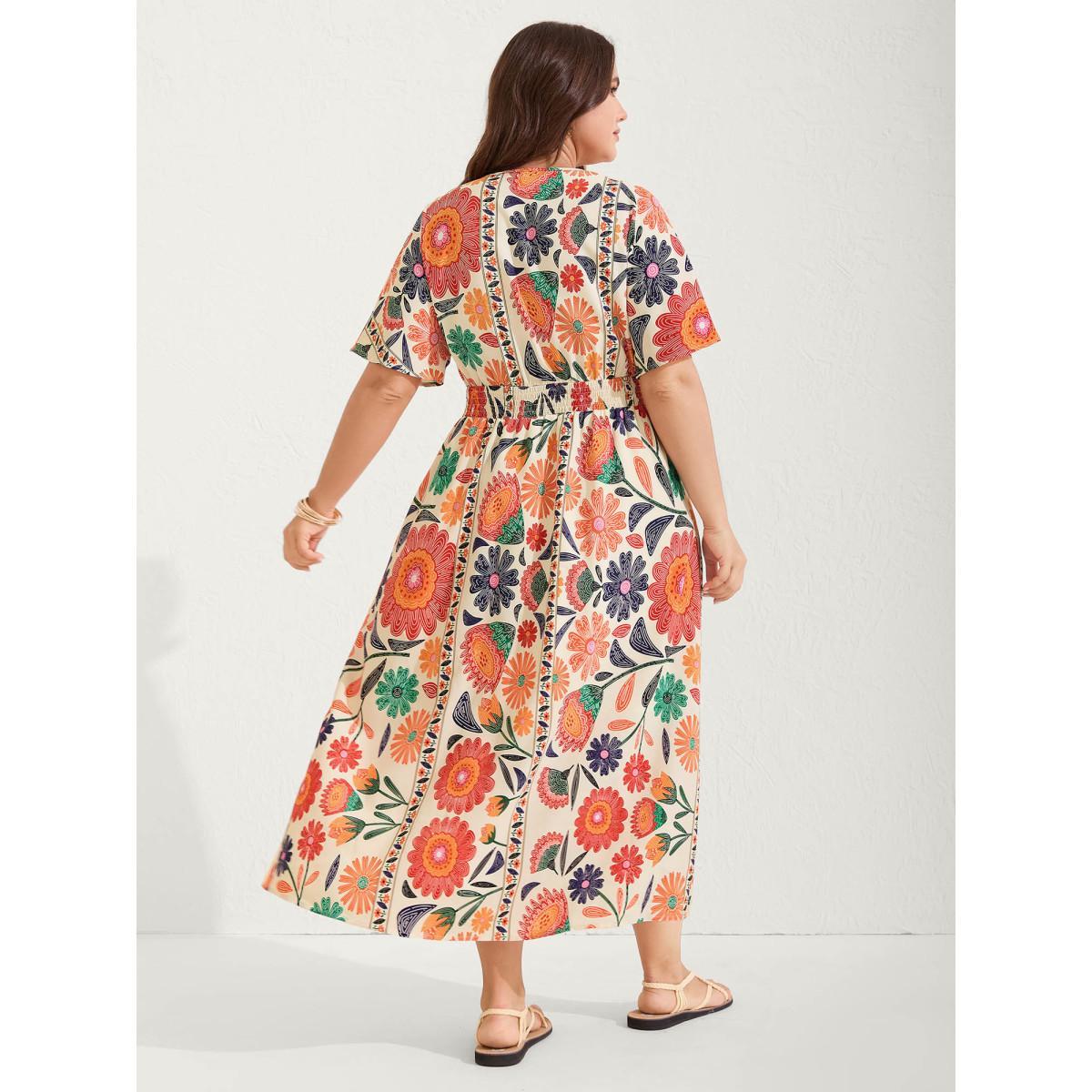 Plus Size Floral Print Gathered Waist Pleated Midi Dress Multicolor Women V-neck Half Sleeve Curvy BloomChic 30/6X Product Image