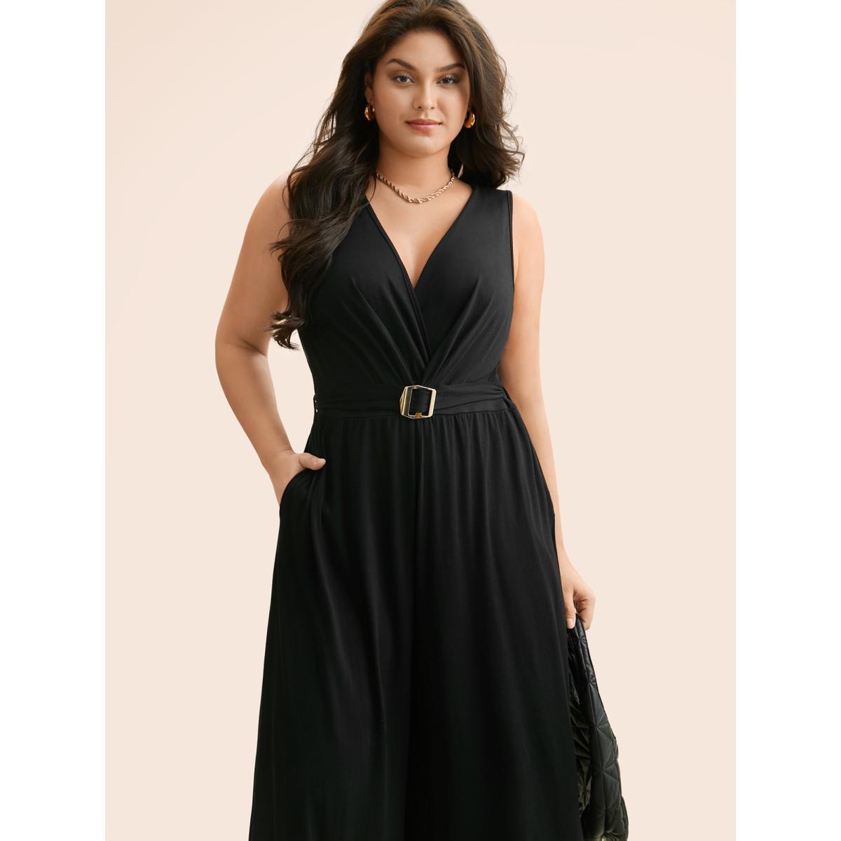 Plus Size Black Overlap Collar Metal Detail Belted Jumpsuit Women Elegant Sleeveless Overlap Collar Everyday Loose Jumpsuits BloomChic 28/5X Product Image