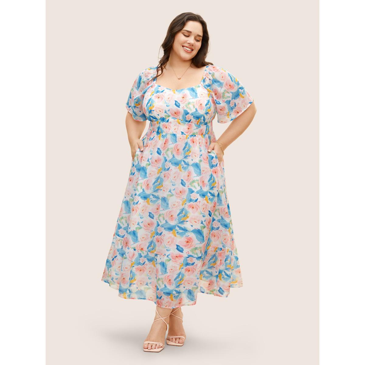 Plus Size Watercolor Floral Shirred Puff Sleeve Midi Dress Skyblue Women Elegant Shirred Heart neckline Short sleeve Curvy BloomChic 14-16/1X Product Image