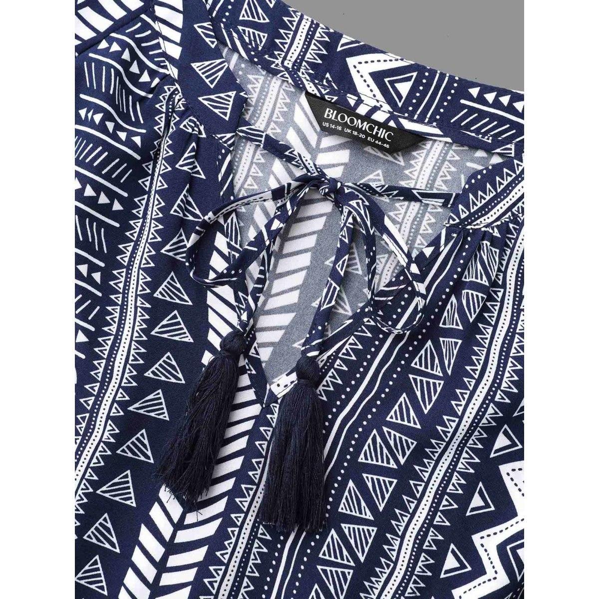 Plus Size Bandana Geometric Tassels Tie Knot Dress Indigo Women Resort Tie knot Flat collar with V-notch Long Sleeve Curvy BloomChic 28/5X Product Image