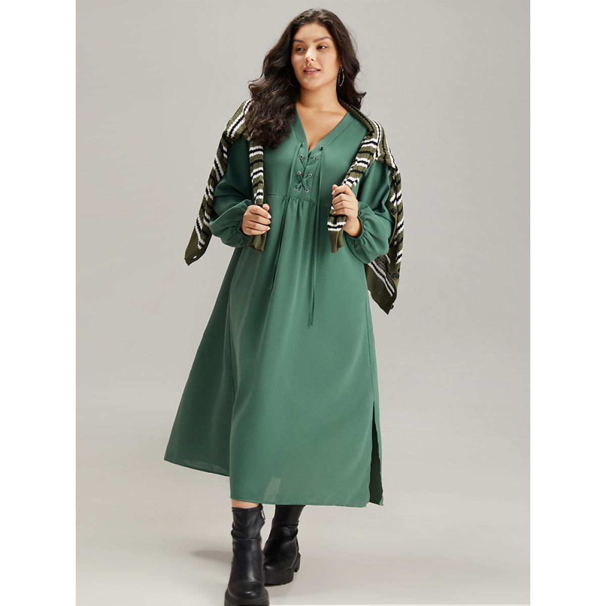 Plus Size Plain Lace Up Split Hem Lantern Sleeve Dress Mint Women Casual Elastic cuffs Tie Neck Long Sleeve Curvy Midi Dress BloomChic 26/4X Product Image