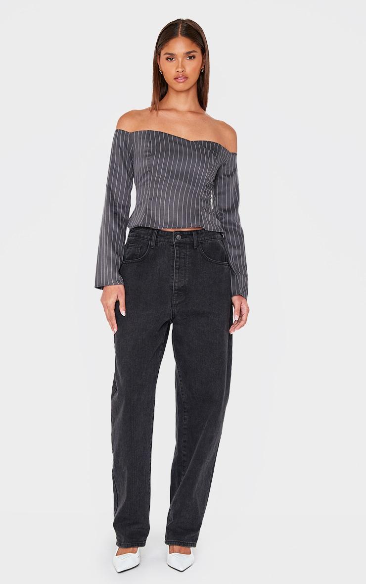 Charcoal Pinstripe Fitted Bardot Shirt Product Image