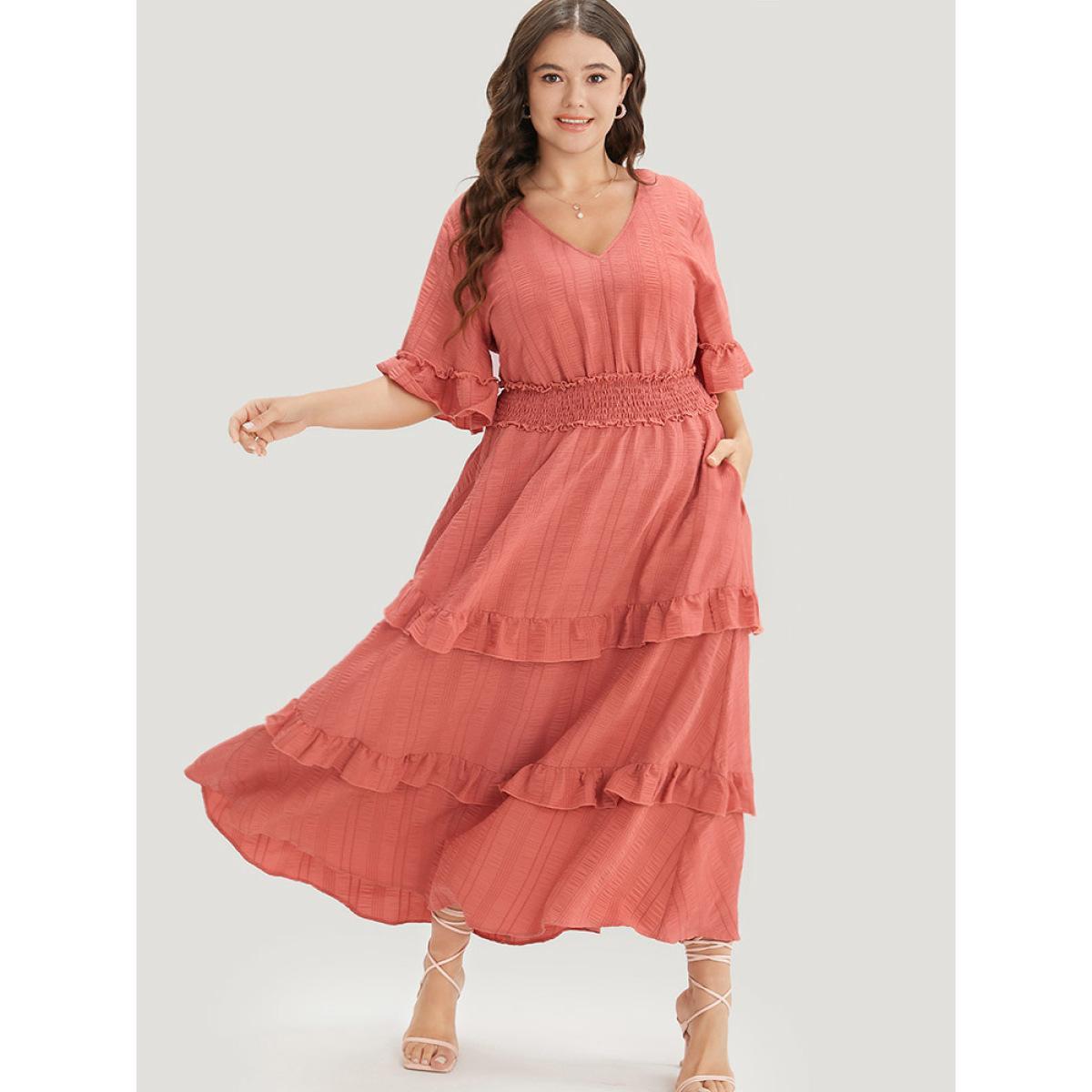 Plus Size Plain Textured Shirred Waist Pocket Ruffle Trim Dress Coral Women Elegant Pocket V-neck Short sleeve Curvy Midi Dress BloomChic 12/L Product Image