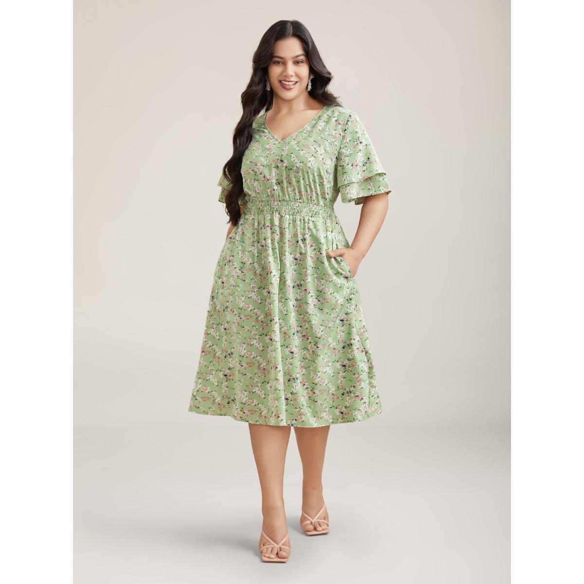 Plus Size Floral Print Shirred Waist Layered Sleeve Dress LightGreen Women Elegant Tiered V-neck Short sleeve Curvy BloomChic 30/6X Product Image