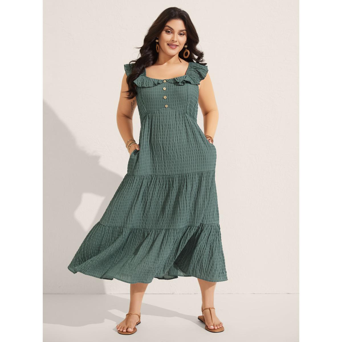 Plus Size Textured Ruffled Neck Pockets Midi Dress Emerald Women Square Neck Sleeveless Curvy BloomChic 30/6X Product Image