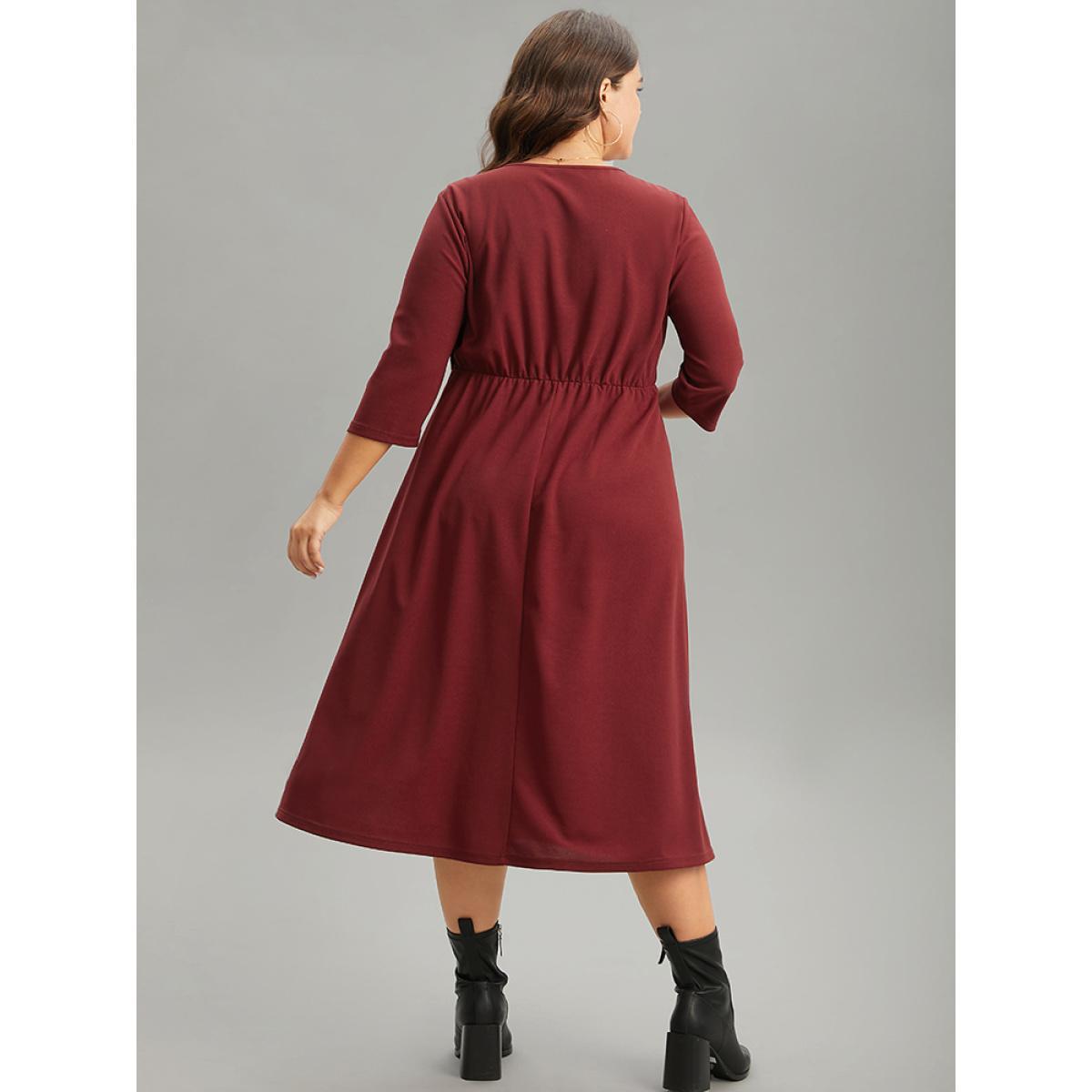 Plus Size Heart Print Patchwork Print Lace Up Ties Dress Scarlet Women Casual Cross straps V-neck Elbow-length sleeve Curvy Midi Dress BloomChic 28/5X Product Image