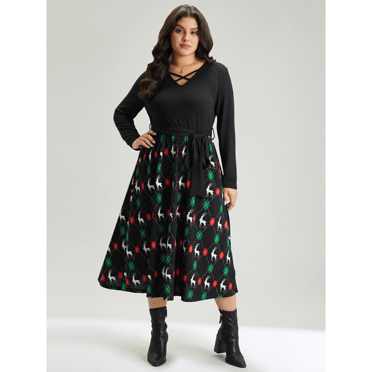 Plus Size Christmas Elk Crisscross Belted Pocket Dress Black Women Office Belted V-neck Long Sleeve Curvy Midi Dress BloomChic 30/6X Product Image
