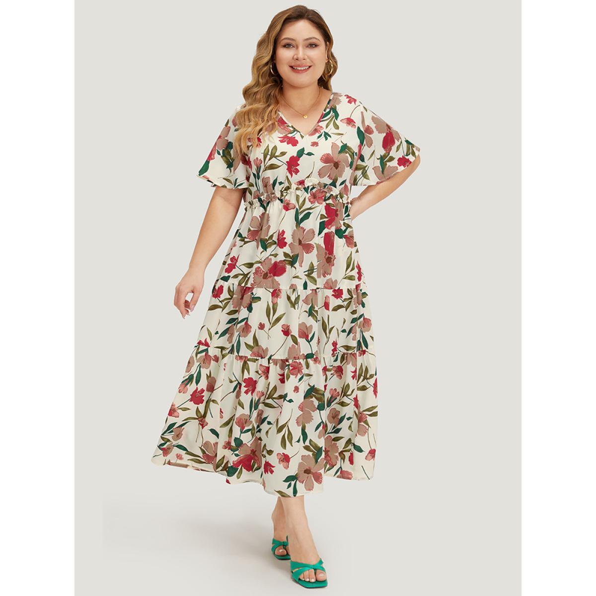 Plus Size Floral Print Pocket Frill Trim Ruffle Layered Hem Dress Apricot Women Elegant Gathered V-neck Short sleeve Curvy Midi Dress BloomChic 14-16/1X Product Image
