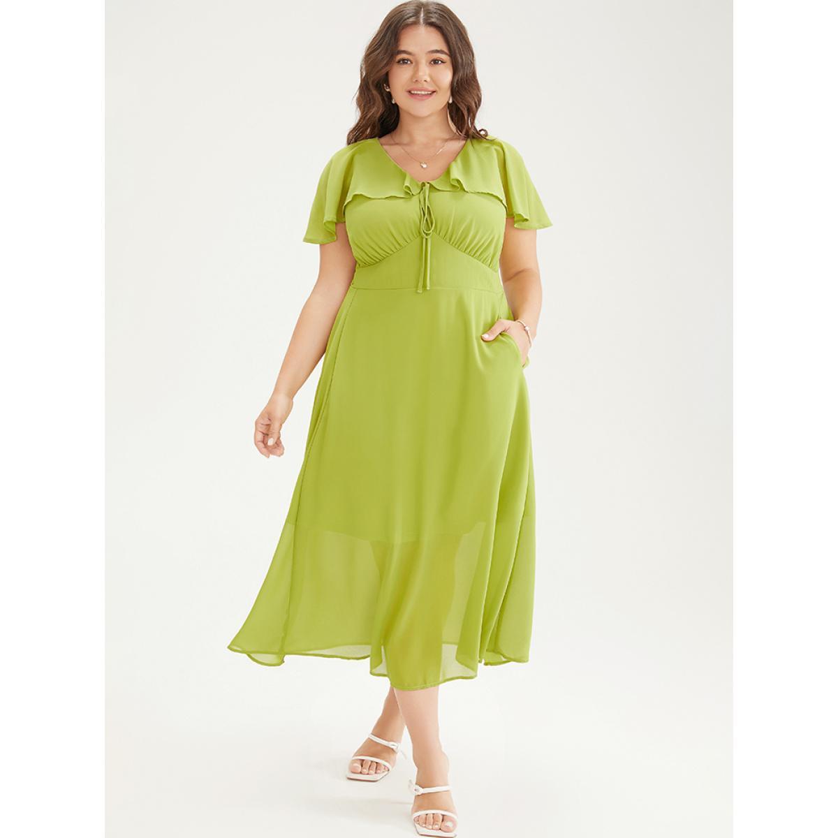 Plus Size Solid Ruffle Trim Pocket Empire Waist Knot Cape Detail Dress YellowGreen Women Elegant Plain V-neck Sleeveless Curvy Midi Dress BloomChic 28/5X Product Image