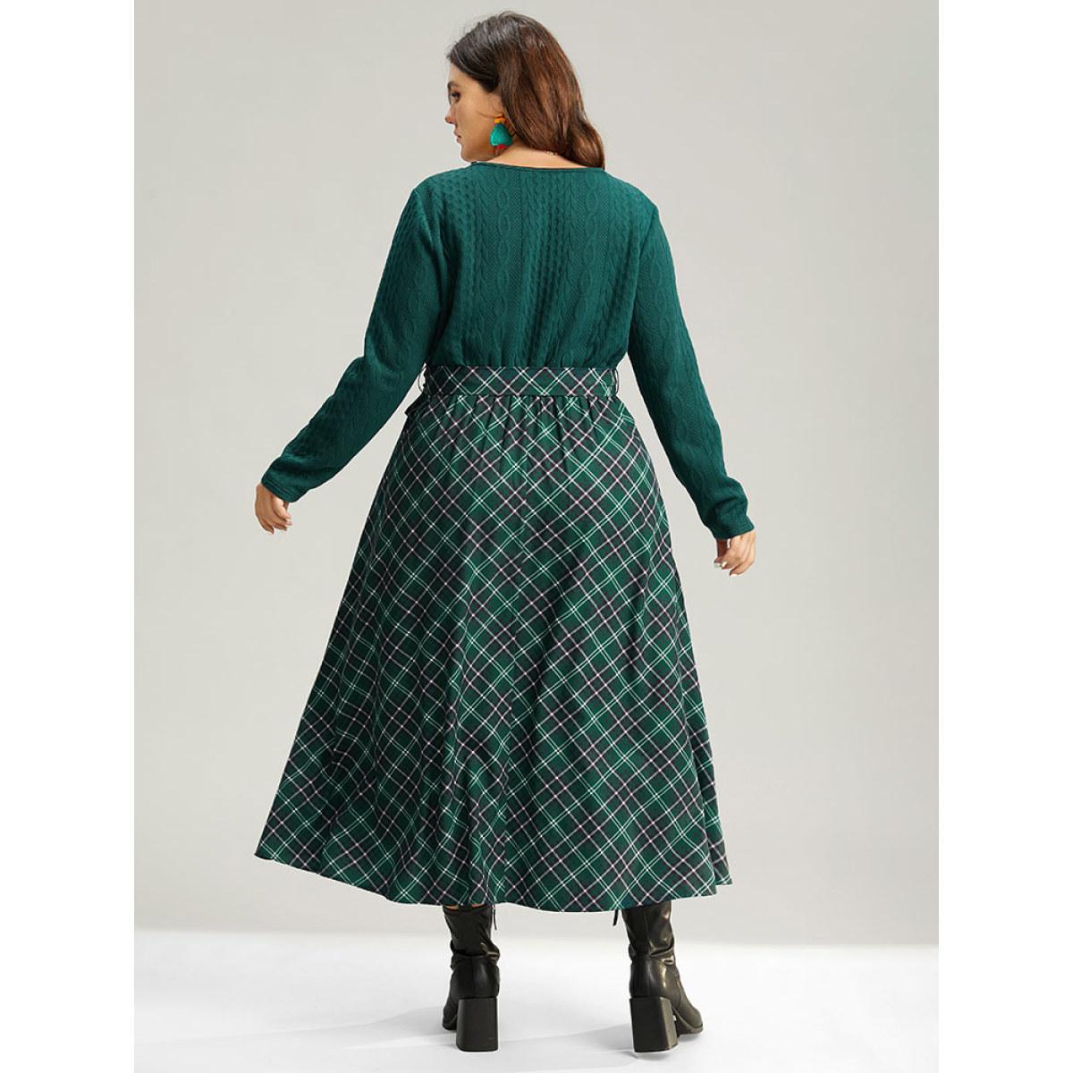 Plus Size Christmas Plaid Wrap Belted Cable Knit Dress Emerald Women Office Texture Overlap Collar Long Sleeve Curvy Midi Dress BloomChic 18-20/2X Product Image