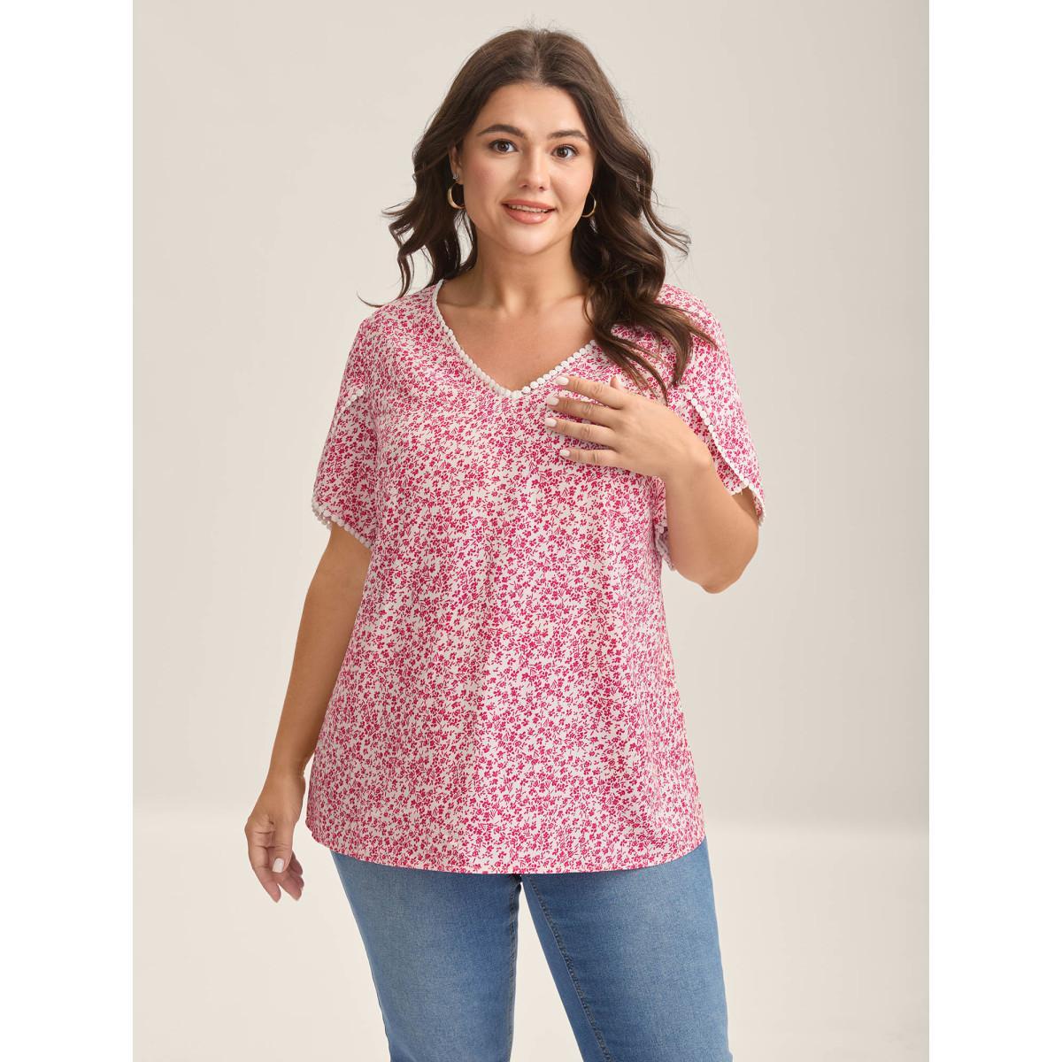 Plus Size WhiteSmoke Petal Sleeve Floral Lace Spliced Shirt Women Elegant Short sleeve V-neck Everyday Blouses BloomChic 26/4X Product Image