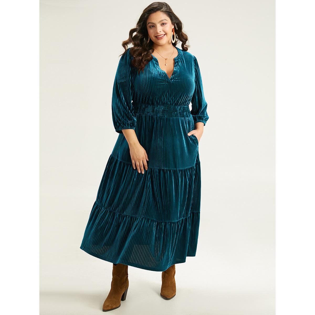 Plus Size Velvet Shirred Pocket Notched Dress Black Women Elegant Elastic cuffs Notched collar Elbow-length sleeve Curvy Midi Dress BloomChic 18-20/2X Product Image