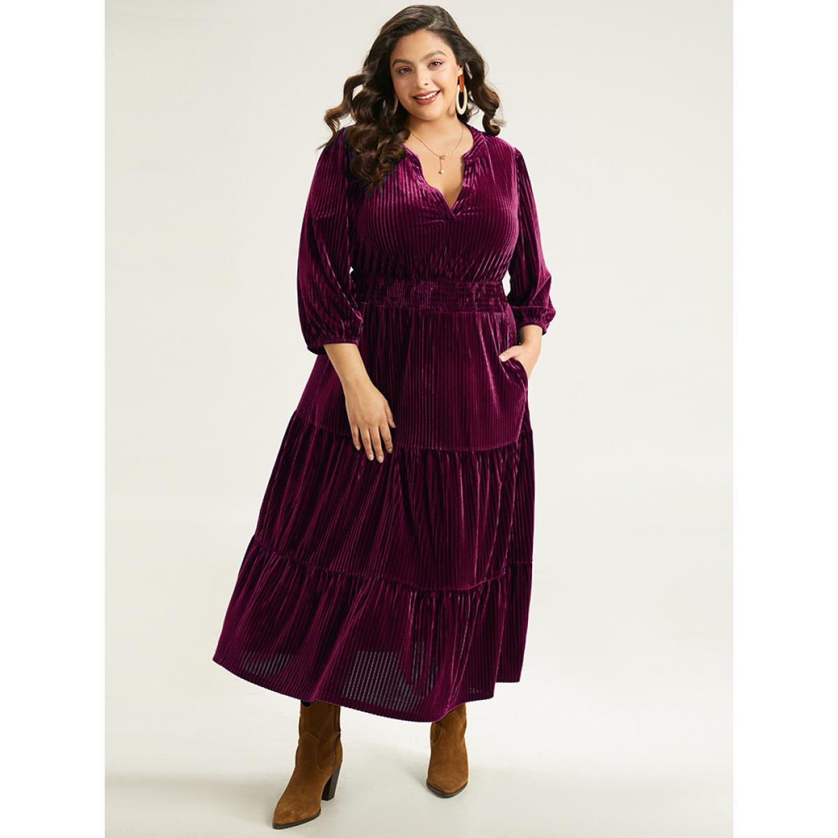 Plus Size Velvet Shirred Pocket Notched Dress Black Women Elegant Elastic cuffs Notched collar Elbow-length sleeve Curvy Midi Dress BloomChic 18-20/2X Product Image