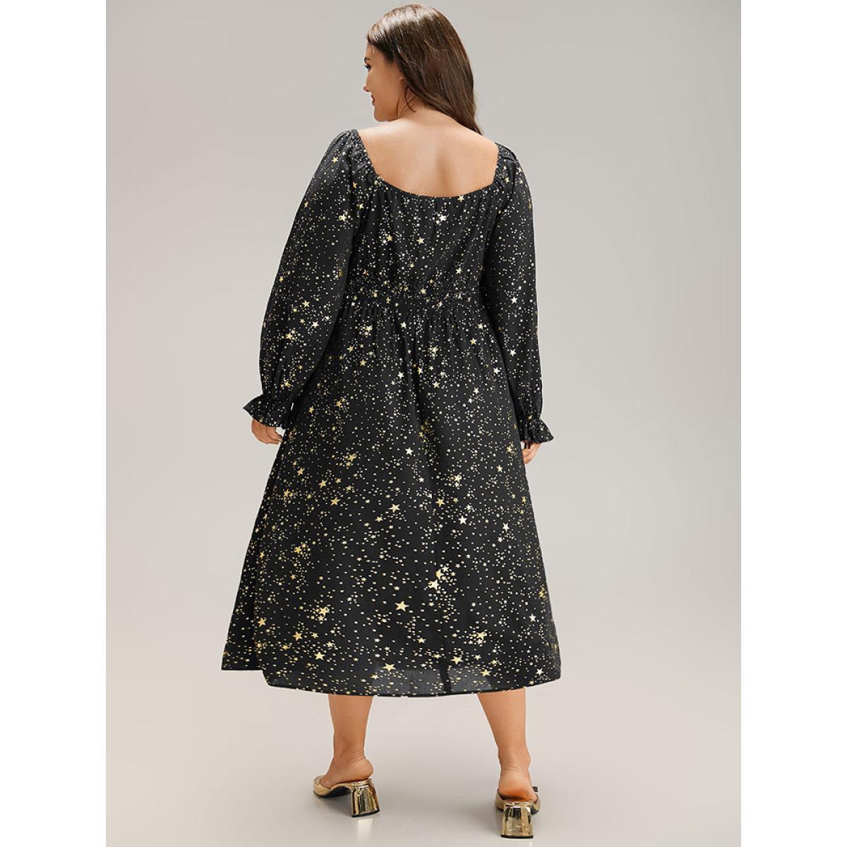 Plus Size Glitter Star Knot Neck Pocket Lantern Sleeve Dress Black Women Party Elastic cuffs Tie Neck Long Sleeve Curvy Midi Dress BloomChic 12/L Product Image