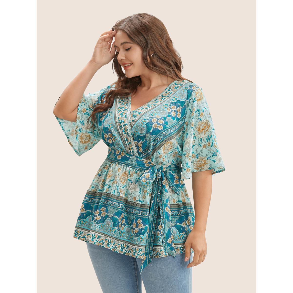 Plus Size Turquoise Floral Print Ruffles Belted Blouse Women Resort Half Sleeve V-neck Vacation Blouses BloomChic 22-24/3X Product Image