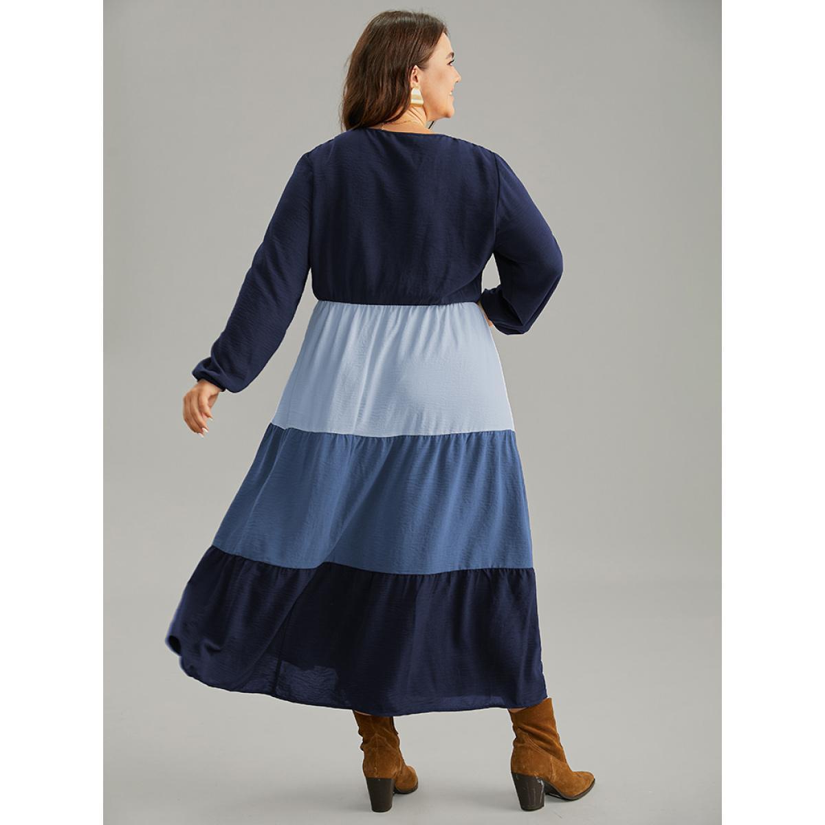 Plus Size Colorblock Patchwork Lantern Sleeve Button Detail Dress Blue Women Elegant Elastic cuffs V-neck Long Sleeve Curvy Midi Dress BloomChic 18-20/2X Product Image