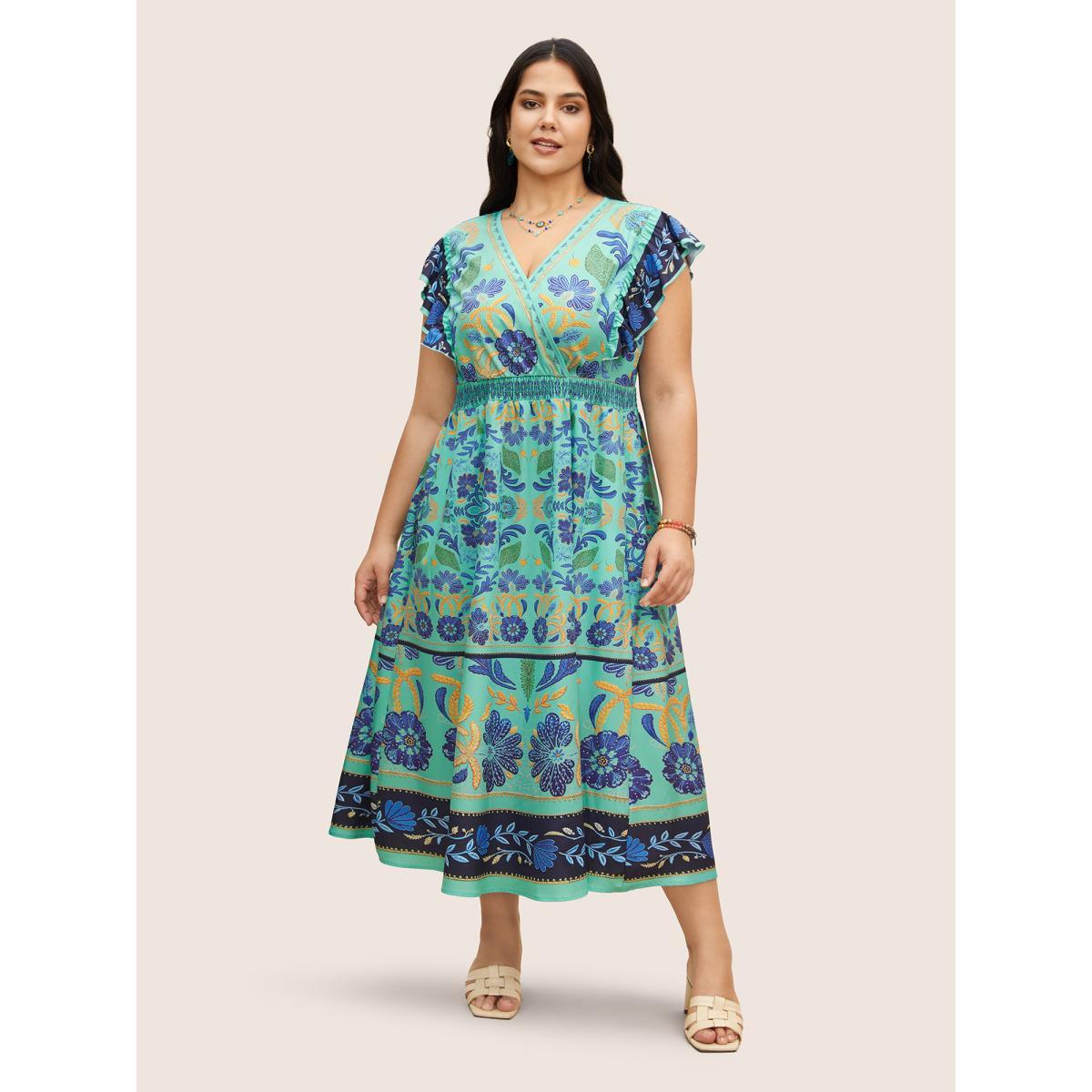 Plus Size Surplice Neck Boho Print Ruffles Shirred Dress Mint Women Resort Overlapping Overlap Collar Cap Sleeve Curvy BloomChic 18-20/2X Product Image