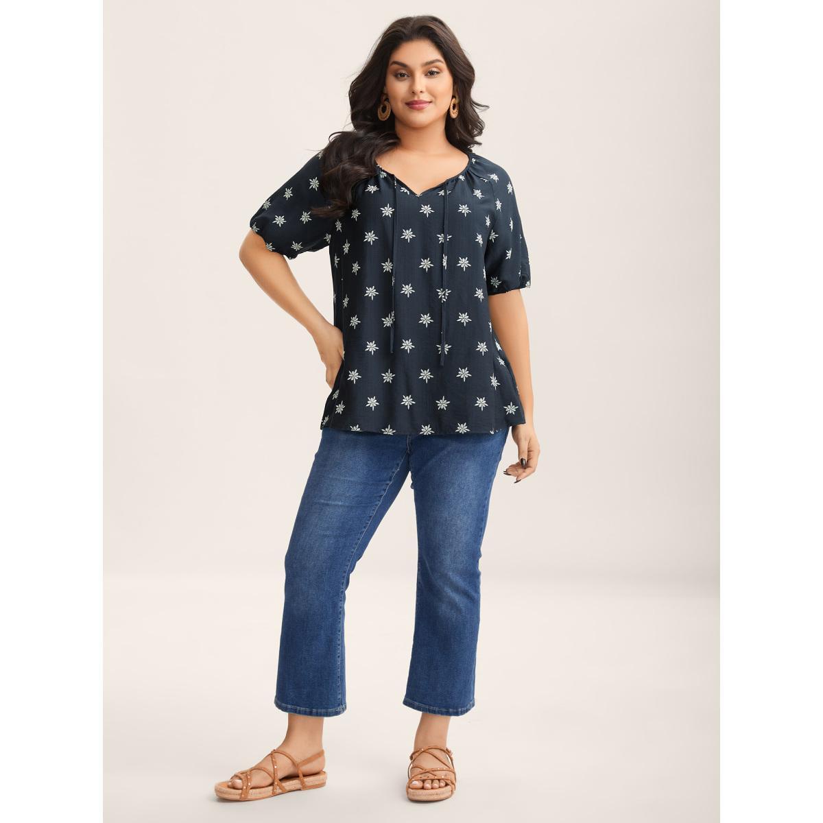 Plus Size Indigo Boho Print Keyhole Pleated Blouse Women Half Sleeve V-neck Vacation Blouses BloomChic 22-24/3X Product Image
