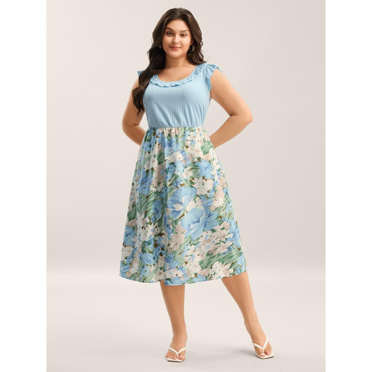Plus Size Floral Print Ribbed Stretchy Waist Midi Dress LightBlue Women Round Neck Sleeveless Curvy BloomChic 18-20/2X Product Image