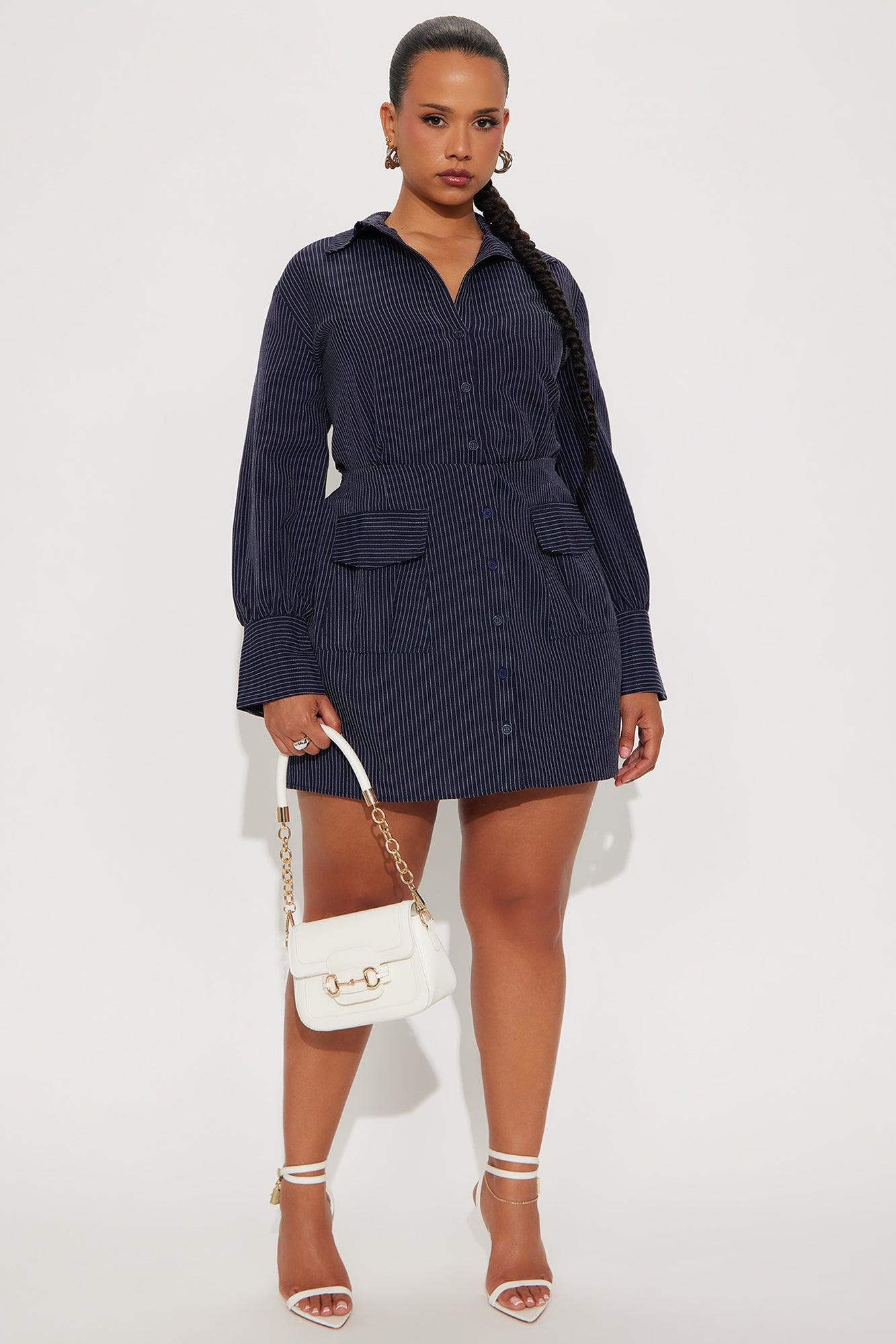 Valentina Pinstripe Shirt Mini Dress - Black Product Image