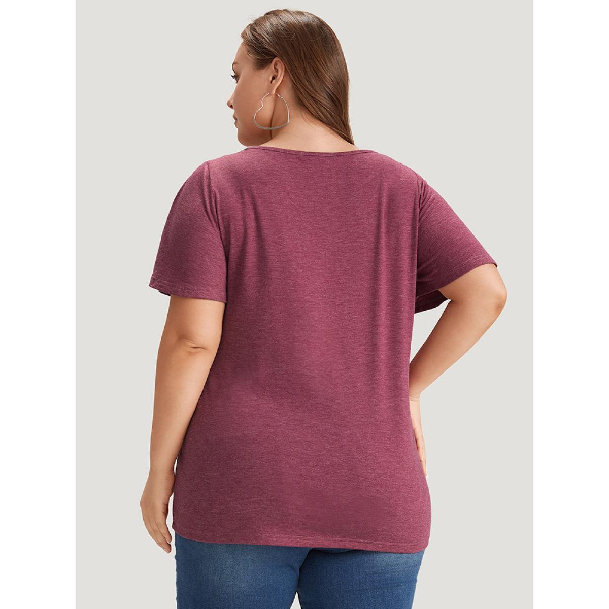 Plus Size Plain Ruffle Sleeve Heather Crisscross Neck T-shirt RedViolet Women Casual Heather Plain V-neck Dailywear T-shirts BloomChic 30/6X Product Image