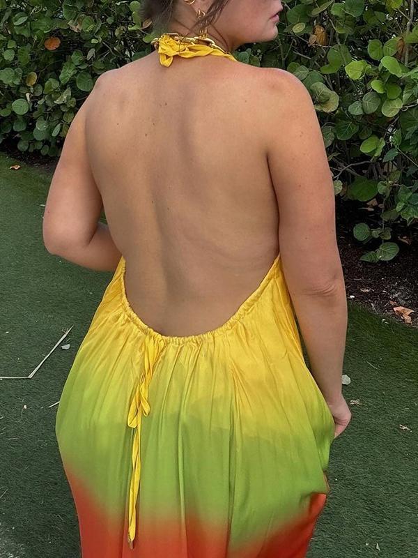 Loose Sleeveless Backless Contrast Color Pleated Split-Joint Tied Spaghetti-Neck Maxi Dresses Product Image
