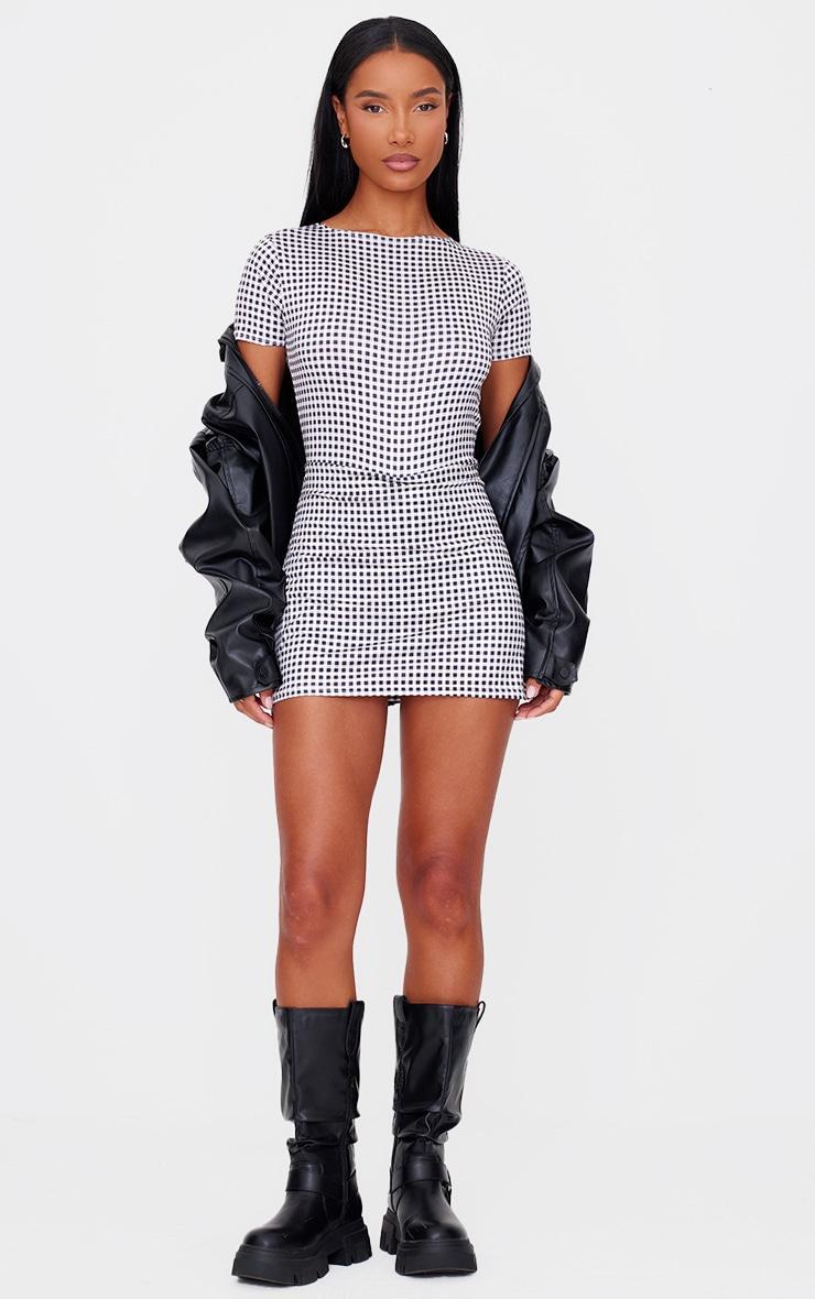 Monochrome Gingham Print Cap Sleeve Slinky Skort Romper Product Image
