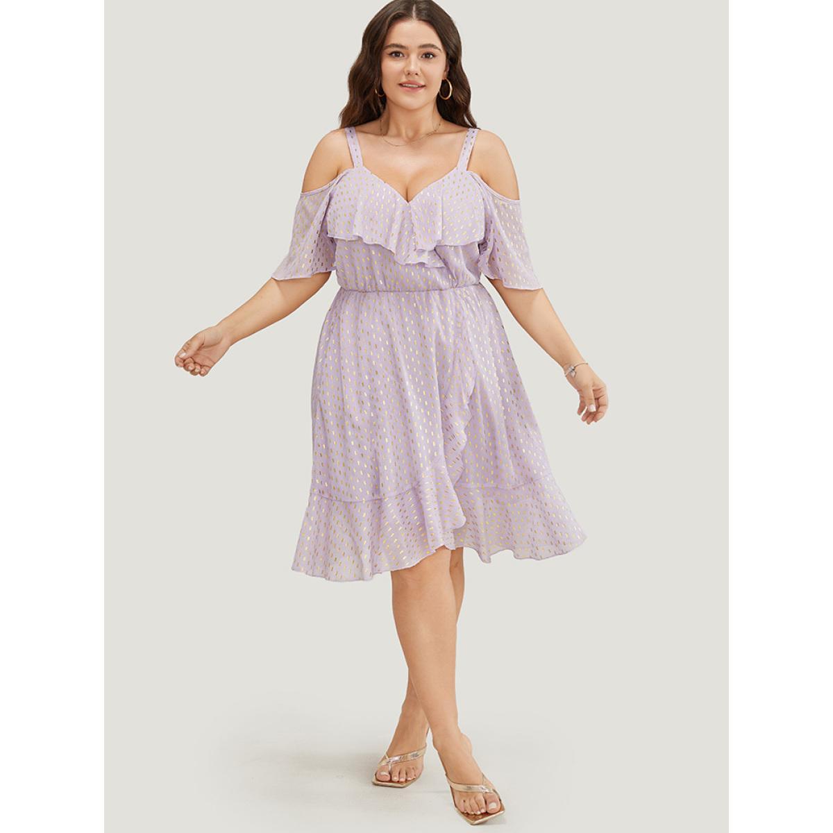 Plus Size Geometric Ruffle Trim Cold Shoulder Pocket Wrap Asymmetrical Dress Lilac Women Party Lined Cold Shoulder Short sleeve Curvy Knee Dress BloomChic 30/6X Product Image