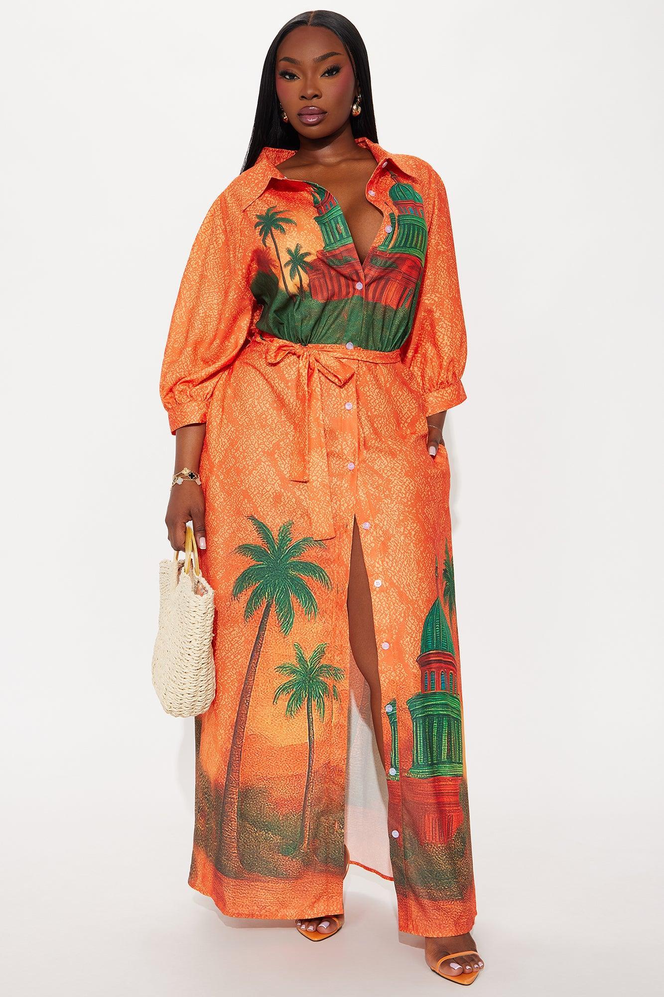 Tuscan Sunsets Maxi Shirt Dress - Orange/combo Product Image