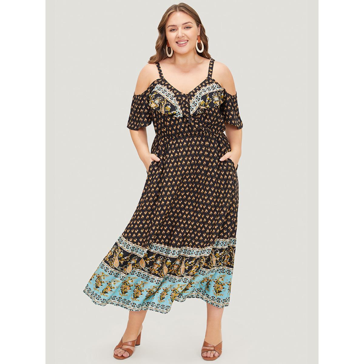 Plus Size Bandana Print Pocket Ruffle Trim Cold Shoulder Maxi Dress Black Women Vacation Adjustable Straps V-neck Short sleeve Curvy Maxi Dress BloomChic 22-24/3X Product Image