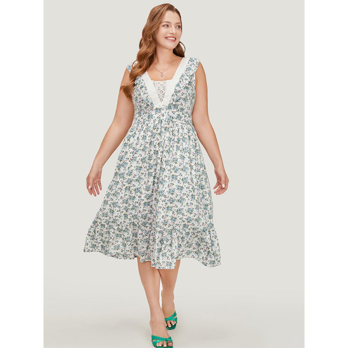Plus Size Ditsy Floral Ruffles Pocket Empire Waist Crochet Lace Tank Dress WhiteSmoke Women Elegant Gathered V-neck Sleeveless Curvy Midi Dress BloomChic 10/M Product Image