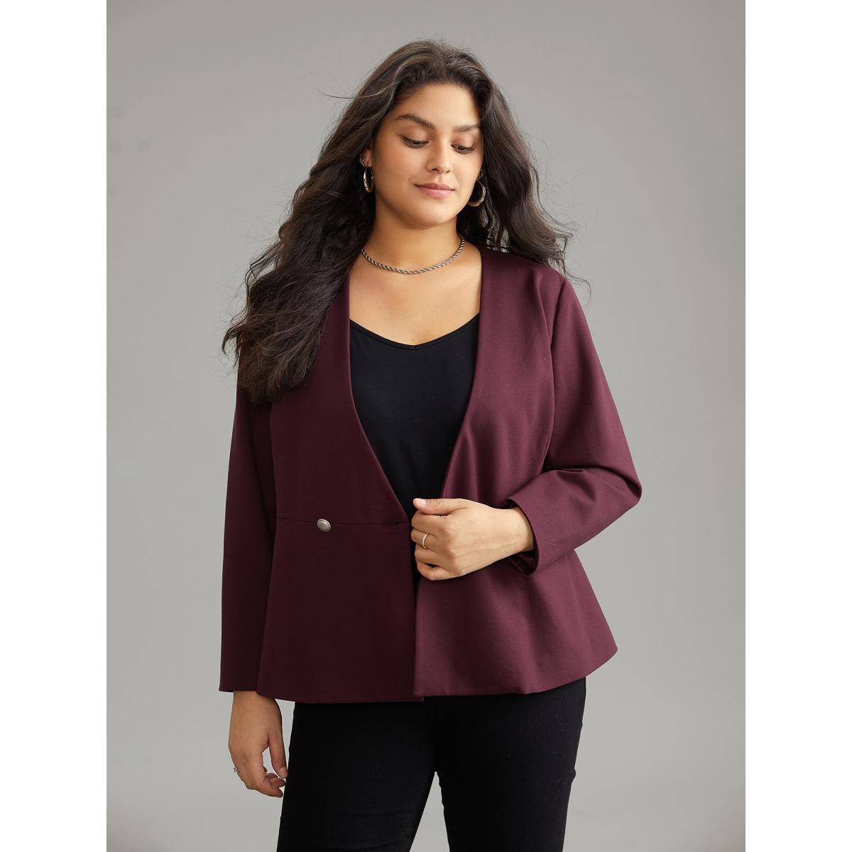 Plus Size Plain Deep V Neck Buckle Detail Blazer Burgundy Women Work Plain Sleeve Long Sleeve Deep V-neck 10/M Office Blazers BloomChic Product Image