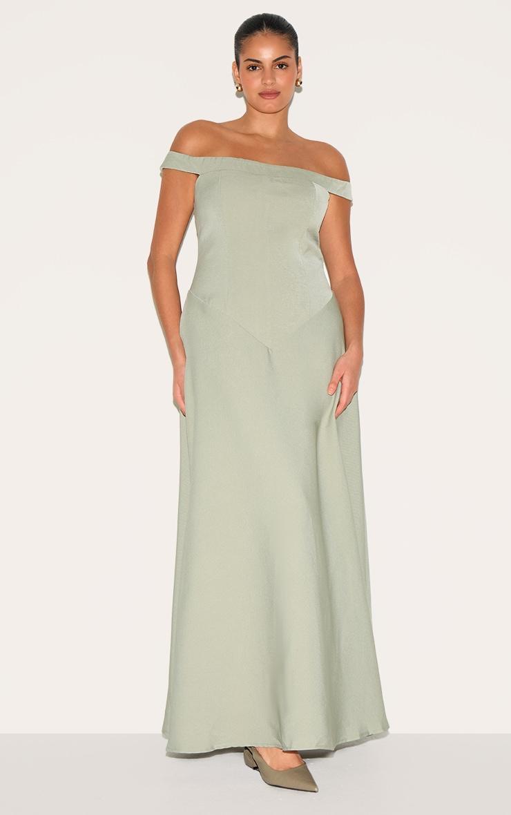 Plus Sage Green Structured Bardot V Waist Maxi Dress Product Image