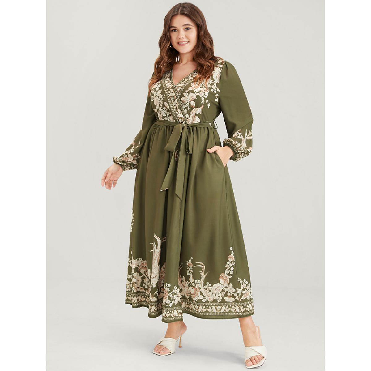 Plus Size Floral Button Split Lantern Sleeve Belted Pocket Wrap Dress ArmyGreen Women Vacation Embroidered V-neck Long Sleeve Curvy Long Dress BloomChic 10/M Product Image