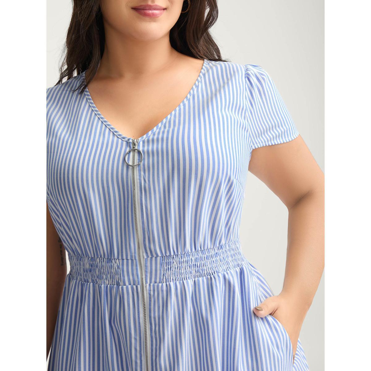 Plus Size Striped Zipper Front Shirred Waist Midi Dress LightBlue Women Shirred V-neck Cap Sleeve Curvy BloomChic 28/5X Product Image